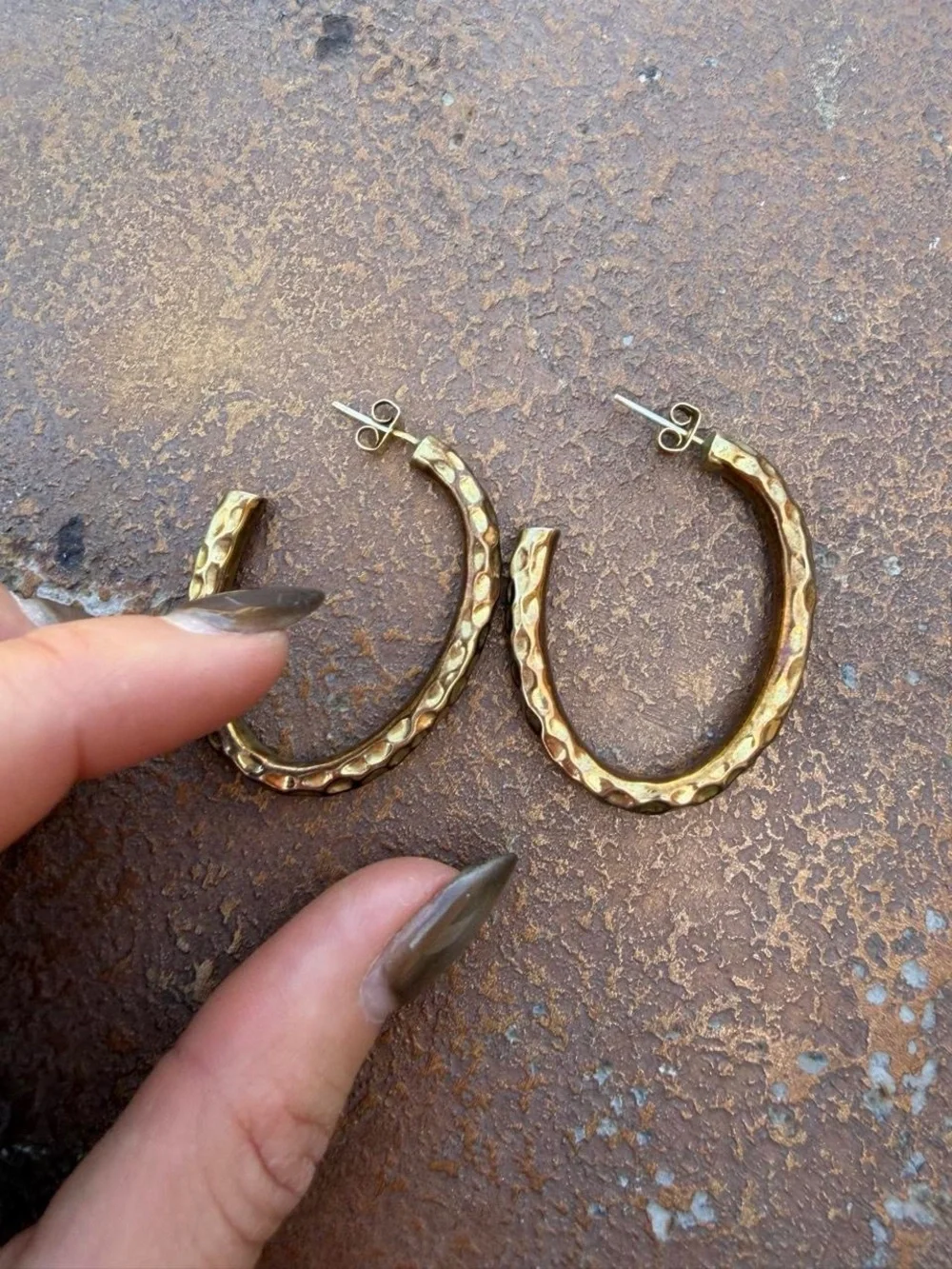 Gold sterling silver hoop statement earrings with a hammered texture #hoops
